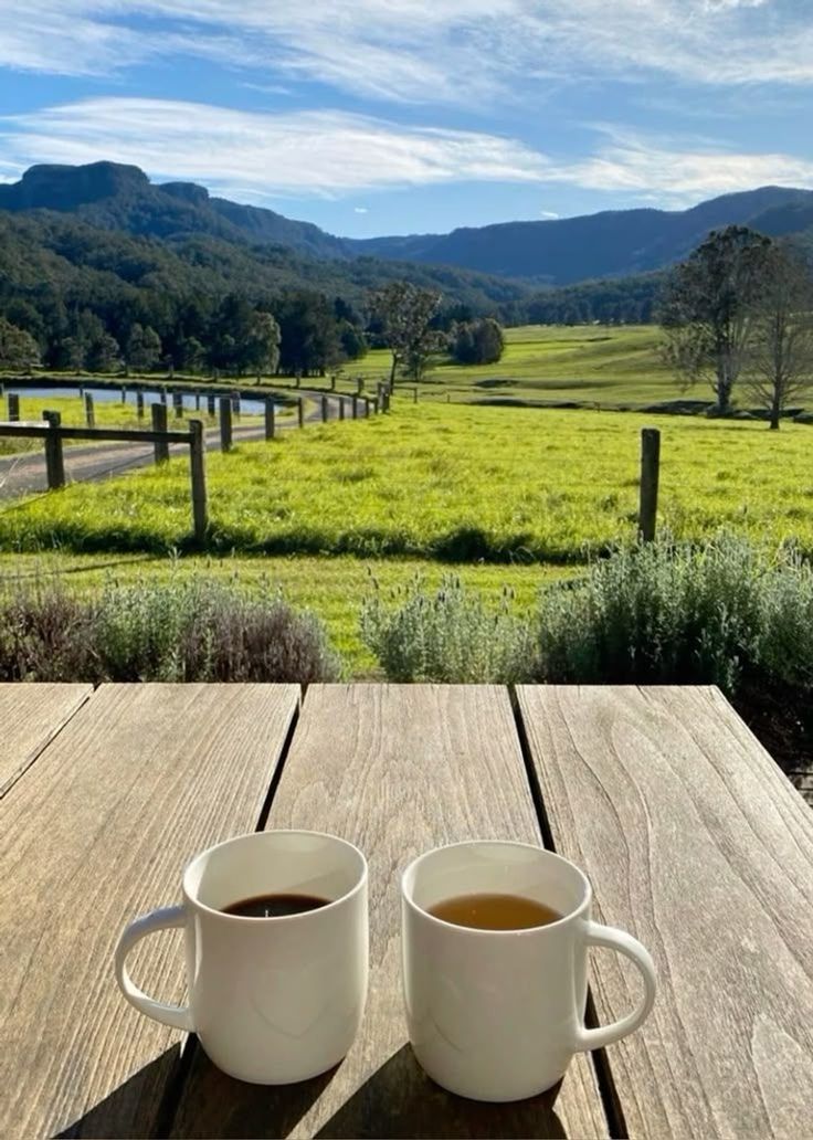 Two mugs on a wooden table overlooking green countryside and mountains