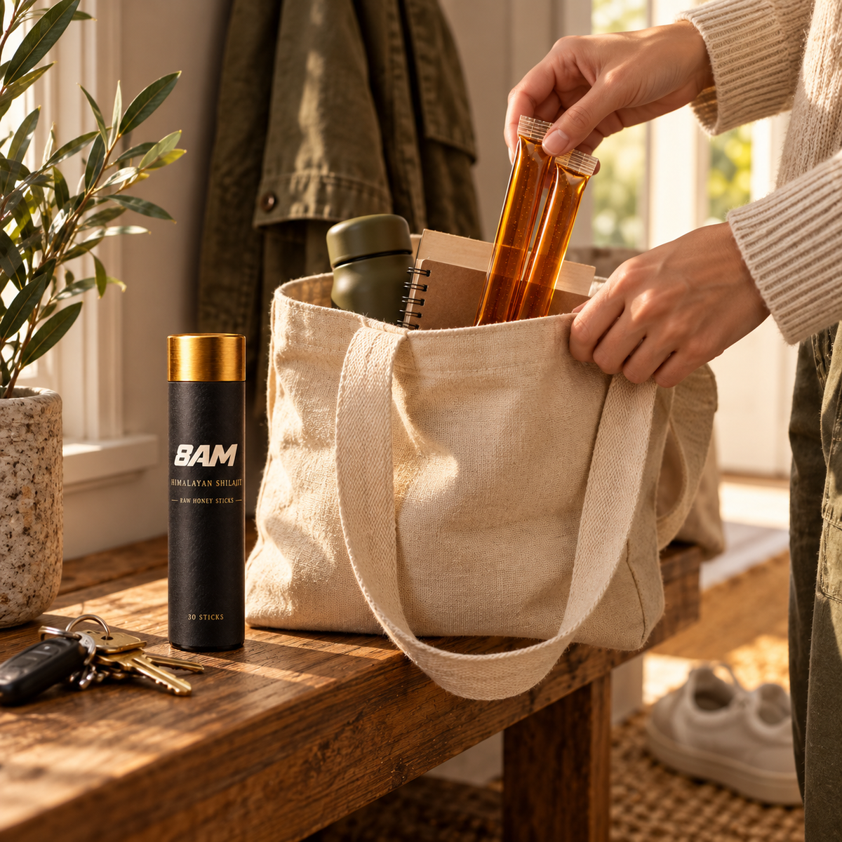 8AM honey sticks being placed in an everyday canvas bag