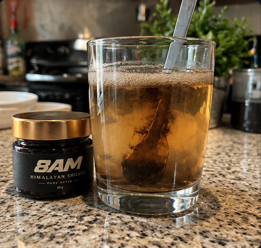 8AM resin beside a glass with resin dissolving